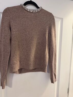 White House Black Market Taupe Crewneck Sweater with Jeweled Collar